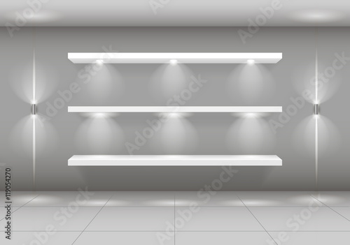 Shop-window shelf for white goods illuminated against the background of a gray wall of the store. Vector graphics