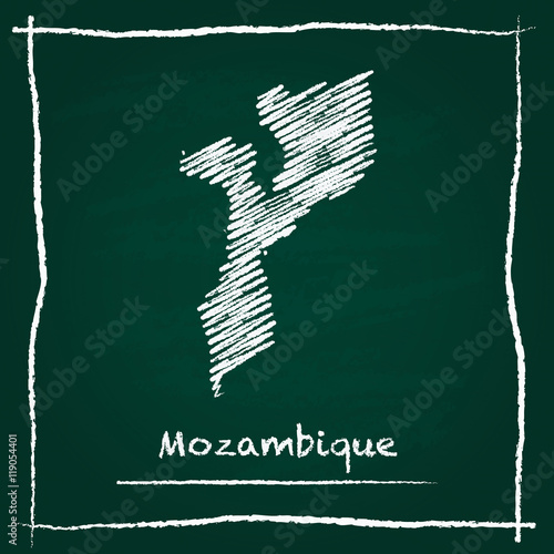 Mozambique outline vector map hand drawn with chalk on a green blackboard. Chalkboard scribble in childish style. White chalk texture on green background.