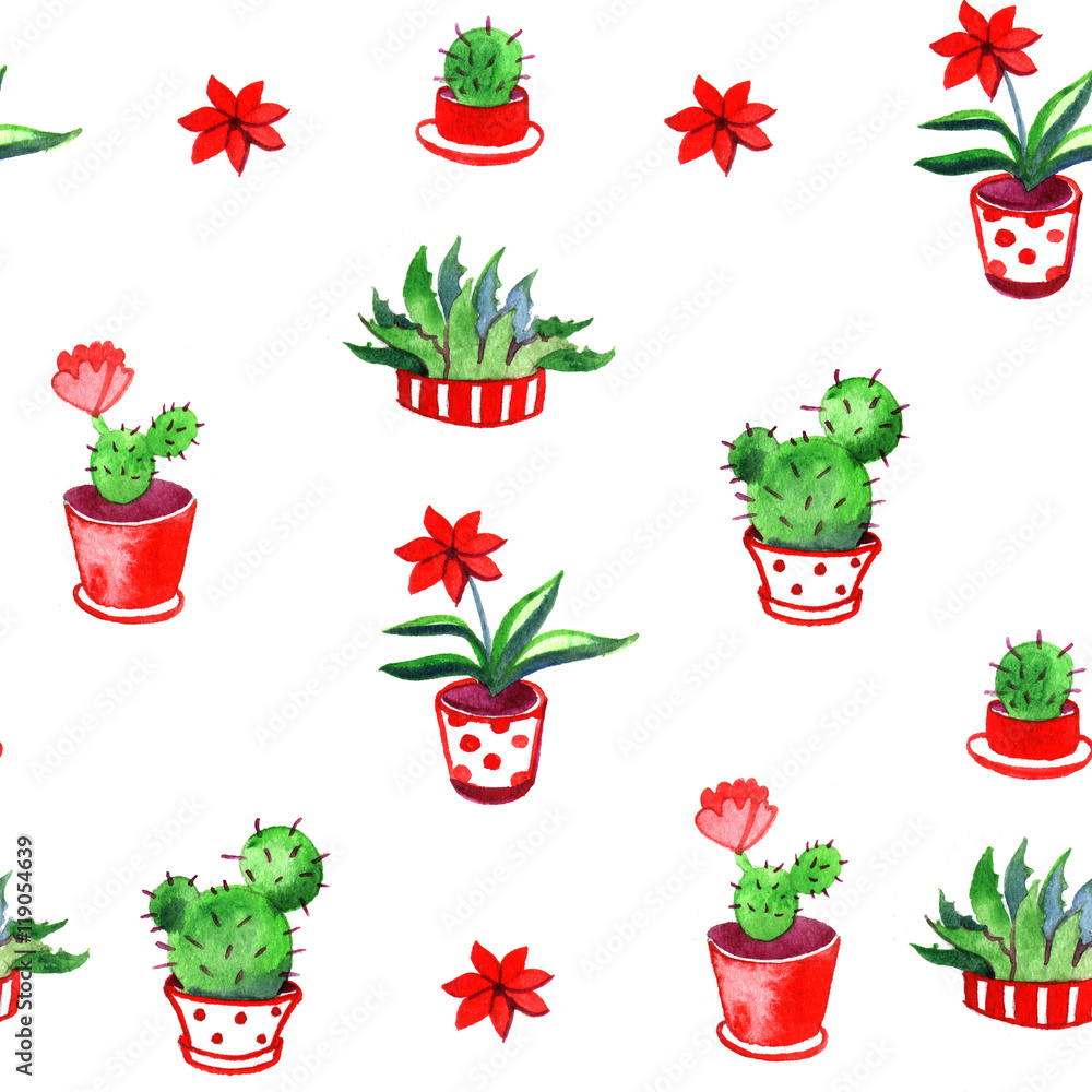 watercolor pattern plants, cactus with red flowers watercolor pattern plants, cactus with red flowers