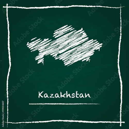 Kazakhstan outline vector map hand drawn with chalk on a green blackboard. Chalkboard scribble in childish style. White chalk texture on green background.