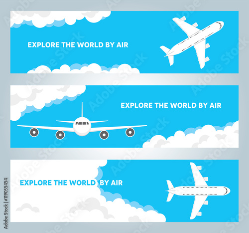Airplane in cloudy sky vector banners