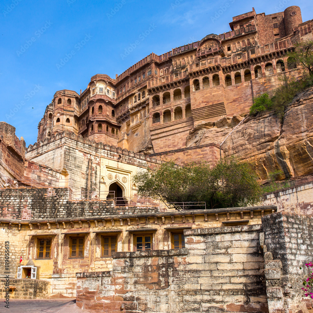 Mehrangarh fort close-up in Jodhpur, Rajasthan, India