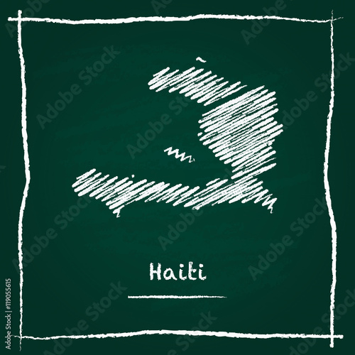 Haiti outline vector map hand drawn with chalk on a green blackboard. Chalkboard scribble in childish style. White chalk texture on green background.