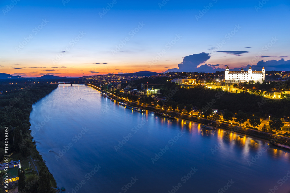Bratislava, Slovakia - Panoramic View with the Castle and Old Town at night