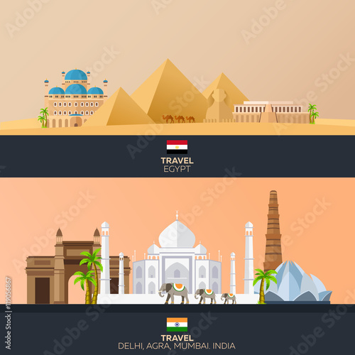 Egypt and India. Tourism. Travelling illustration. Modern flat design. Egypt travel. India