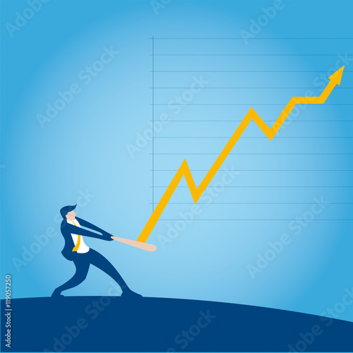 Businessman Swinging Baseball Bat. he makes a financial home run in a chart of economic growth