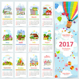Calendar for 2017 with set of colorful towns. greeting card with