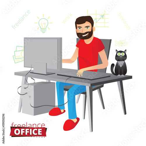 Funny bearded freelancer working at home on the computer with no pants in red slippers. Next to him sits a black cat with green eyes and thinks about the fish. Vector illustration.