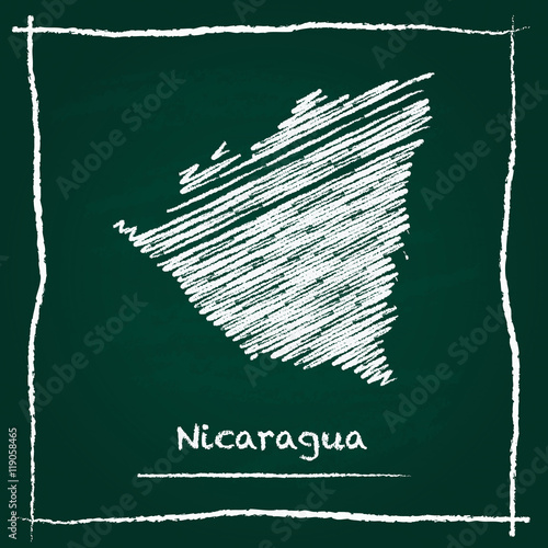 Nicaragua outline vector map hand drawn with chalk on a green blackboard. Chalkboard scribble in childish style. White chalk texture on green background.