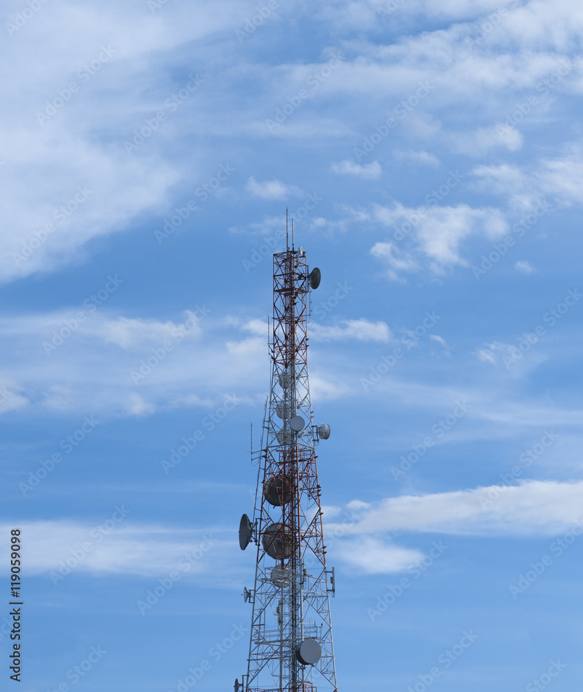 Communications tower with a beautiful blue sky