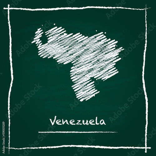 Venezuela, Bolivarian Republic of outline vector map hand drawn with chalk on a green blackboard. Chalkboard scribble in childish style. White chalk texture on green background.