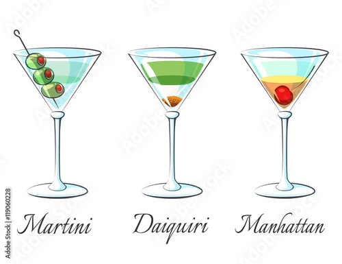 Popular alcoholic cocktails icons on white background with signs vector illustration
