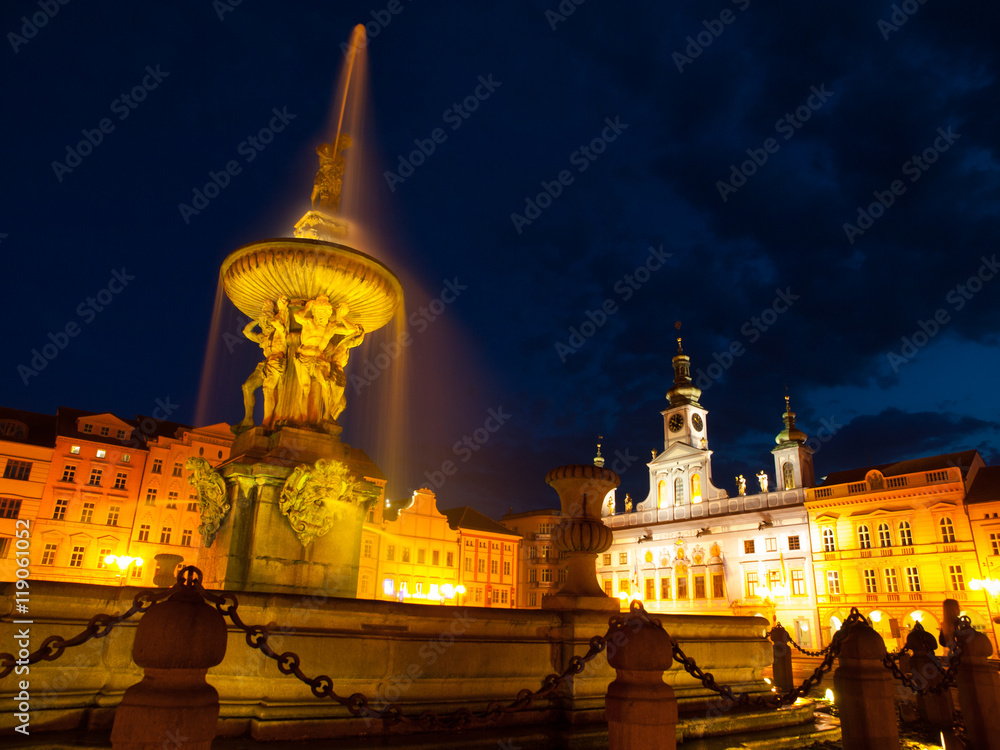 Samsons's Fountain on main square in Ceske Budejovice by night, Southern Bohemia, Czech Republic