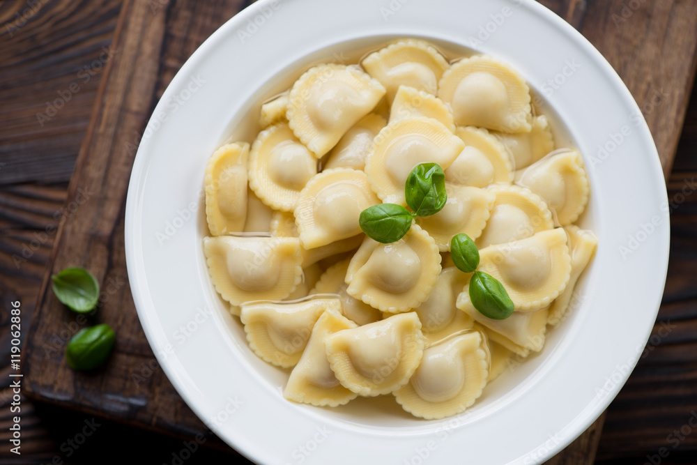 Above view of ravioli in bouillon, close-up, studio shot Above view of ravioli in bouillon, close-up, studio shot