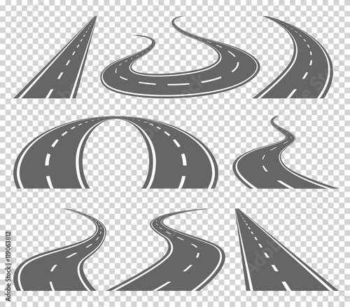 Winding curved road or highway with markings. Direction, transportation set. Vector illustration