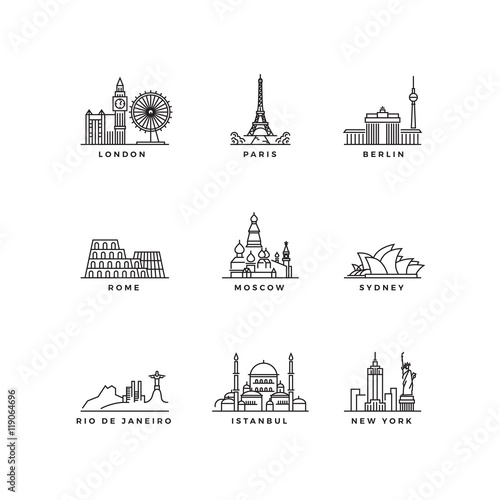 Set of line art vector cities. Design template