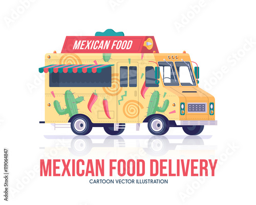 Mexican food truck. National traditional mexican cuisine wagon. Delivery service. Street cuisine. Flat vector illustration.