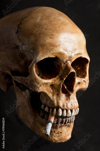 human skull on dark background have cigarette hold in the mouth