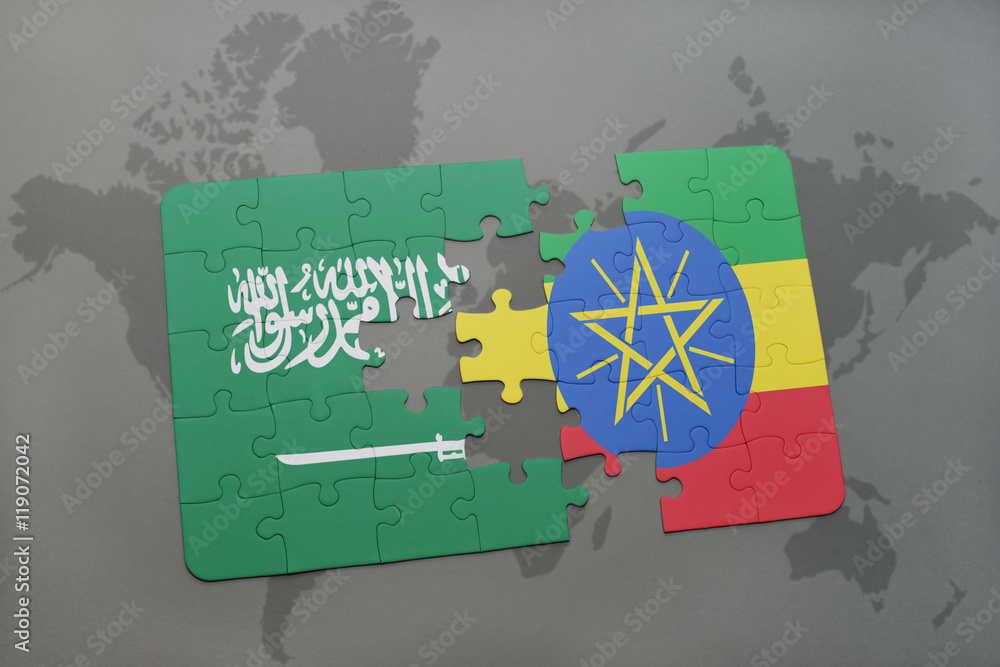 puzzle with the national flag of saudi arabia and ethiopia on a world map background.