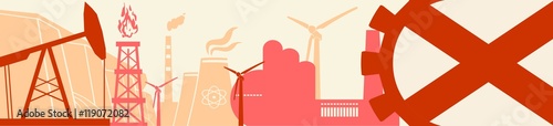 Energy and Power icons set. Header banner with Alabama flag. Sustainable energy generation and heavy industry. Vector illustration