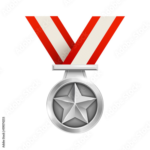 3d silver medal with striped ribbon. 2nd place award sign. Eps10 vector medal illustration.