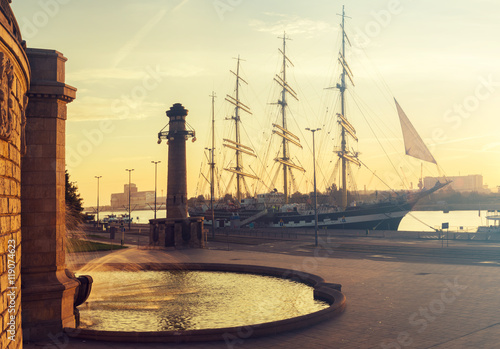 tall ship at the wharf, Szczecin, Poland,retro colors, vintage
