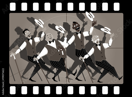 Quartet of singers in barbershop genre singing and dancing in an old movie frame, EPS 8 vector illustration, no transparencies