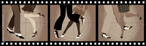 Legs of people in 1920s clothes dancing the Charleston in old movie picture frames, EPS 8 vector illustration, no transparencies photo