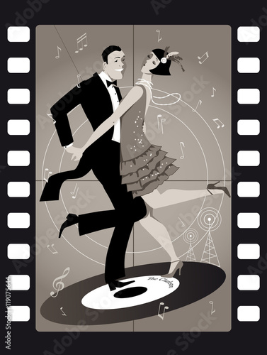 A couple dressed in 1920s fashion dancing the Charleston on a vinyl record in an old movie frame, EPS 8 vector illustration, no transoparencies 