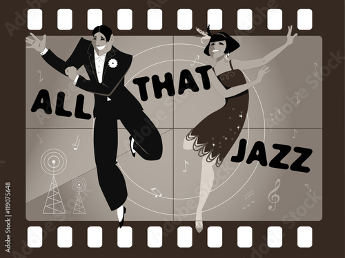 Young couple dressed in 1920s fashion dancing the Charleston in an old movie frame, EPS 8 vector illustration, no transparencies