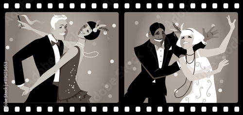 Portraits of two couples dressed in 1920s fashion dancing in an old movie frames, EPS 8 vector illustration, no transparencies