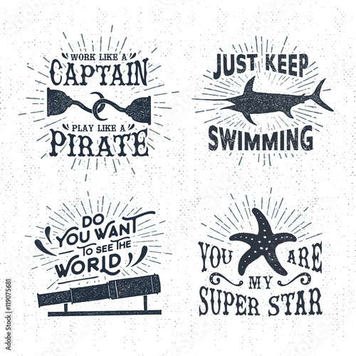 Hand drawn textured vintage labels set with hooks, swordfish, starfish vector illustrations, and inspirational lettering.