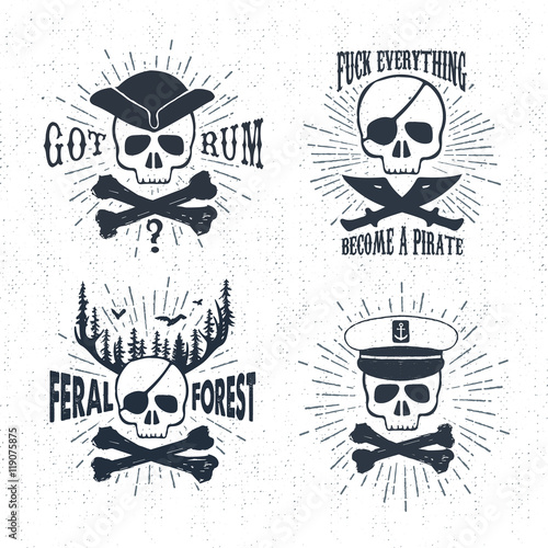Hand drawn textured vintage labels set with pirate skulls vector illustrations, and inspirational lettering.