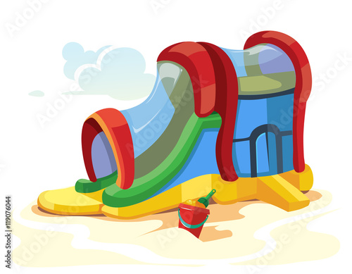 Vector illustration of inflatable castles and children hills on playground
