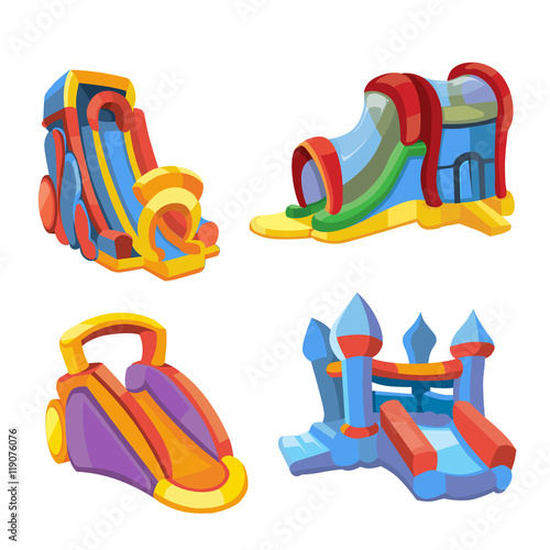 Vector illustration of inflatable castles and children hills on playground