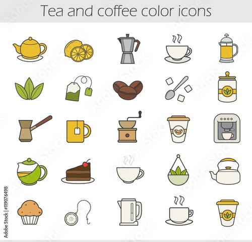 Tea and coffee color icons set