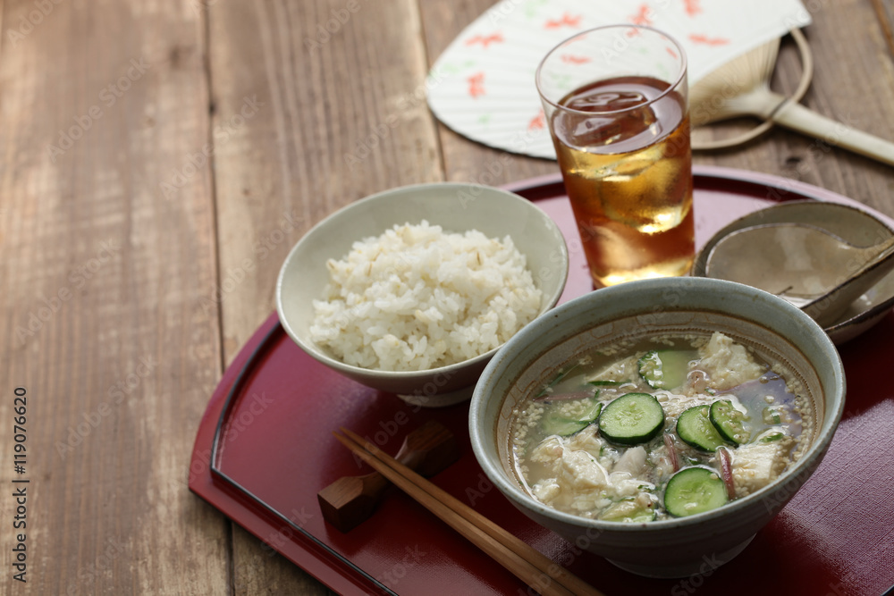 hiyajiru( cold miso soup ) with barley rice, japanese summer cuisine
hiyajiru( cold miso soup ) with barley rice, japanese summer cuisine