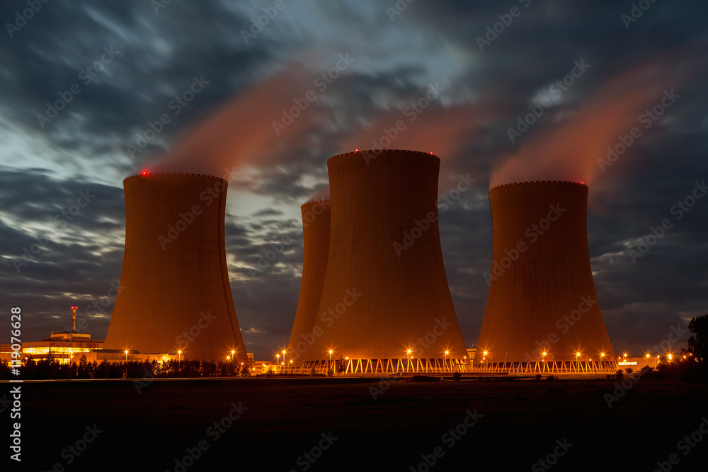 The cooling towers at night, nuclear power generation plant, Temelin ...