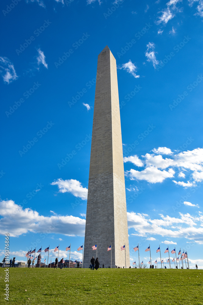 View of Washington Monument in blue sky. Taken in Washington DC, USA.