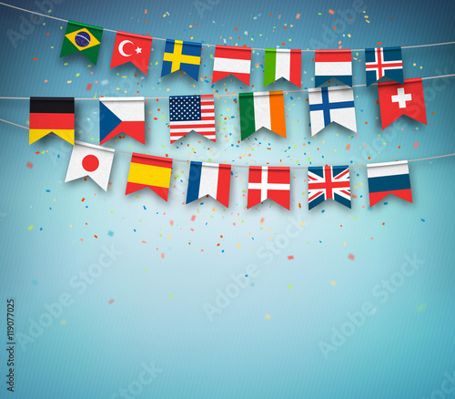 Colorful flags of different countries world. Garland with international banners