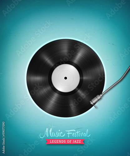 Realistic long-playing LP vinyl record. Retro music backdrop