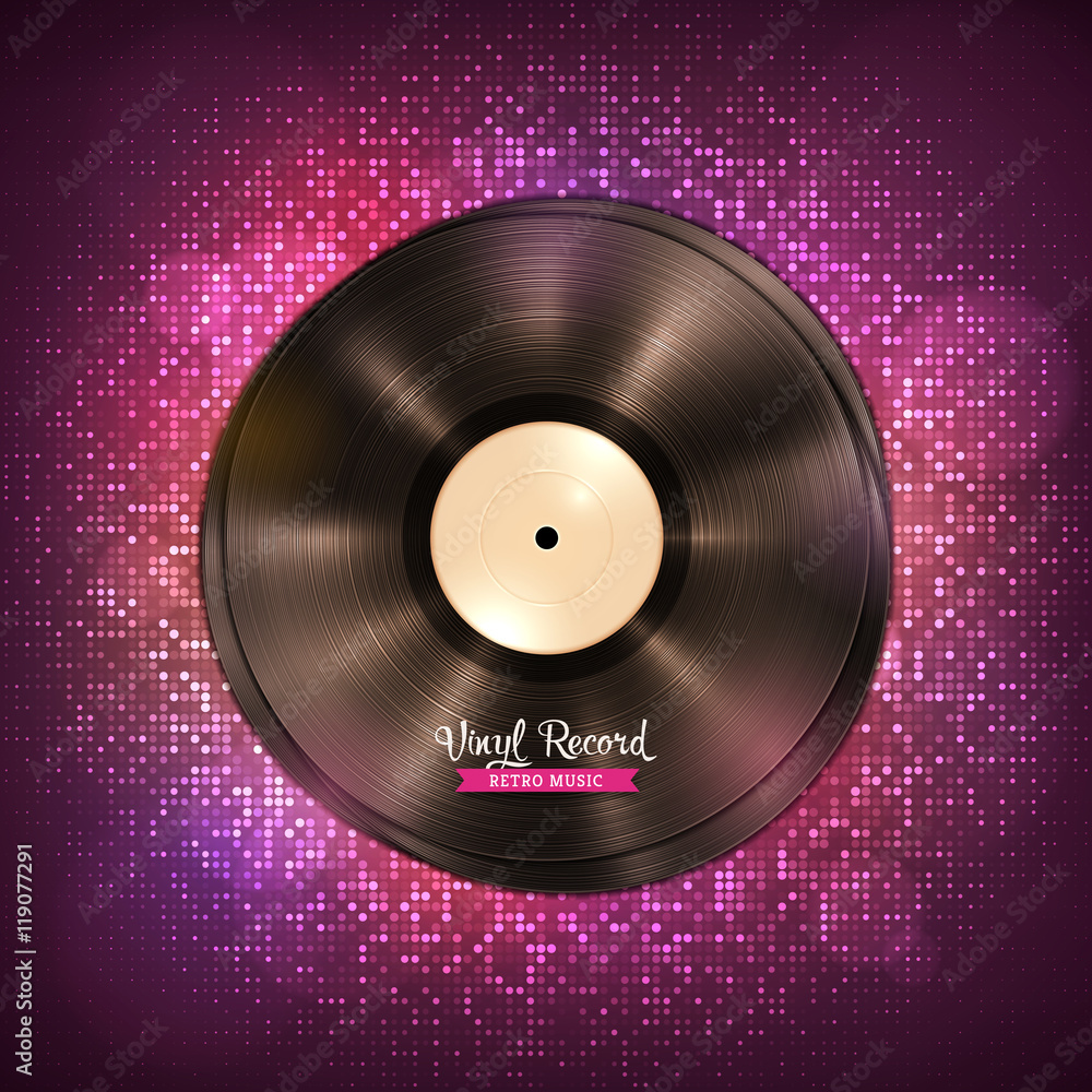 Naklejka premium Long-playing LP vinyl records. Music backdrop with disco lights