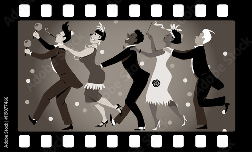 Group of people dressed in 1920s fashion dancing in a conga line in an old movie frame, EPS 8 vector illustration, no transparencies