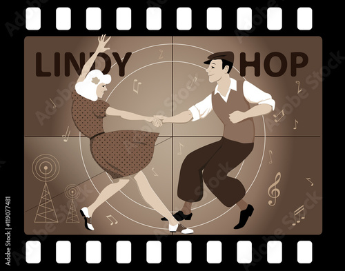 Couple dressed in vintage fashion dancing Lindy Hop in an old movie frame, EPS 8 vector illustration, no transparencies