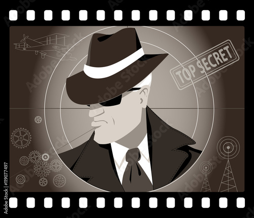 Old time male secret agent or detective in an old movie frame, vector illustration, no transparencies, EPS 8