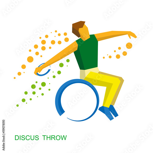 Wheelchair sportsman throwing discus. Flat sport icon. photo