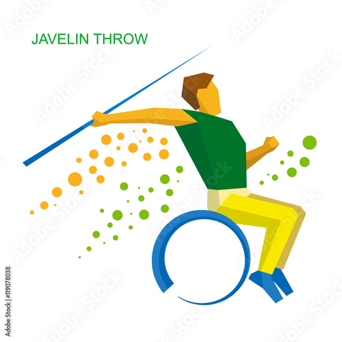 Wheelchair sportsman throwing javelin. Flat sport  icon.