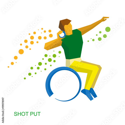 Wheelchair sportsman throwing shot. Flat sport icon. photo