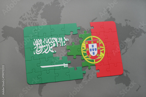 puzzle with the national flag of saudi arabia and portugal on a world map background.