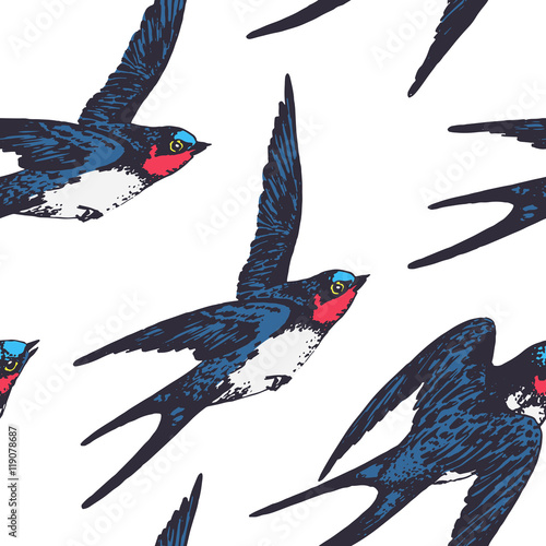 Vector hand drawn swallow birds seamless pattern design. Flying swift detailed sketch, beautiful animals in the wild